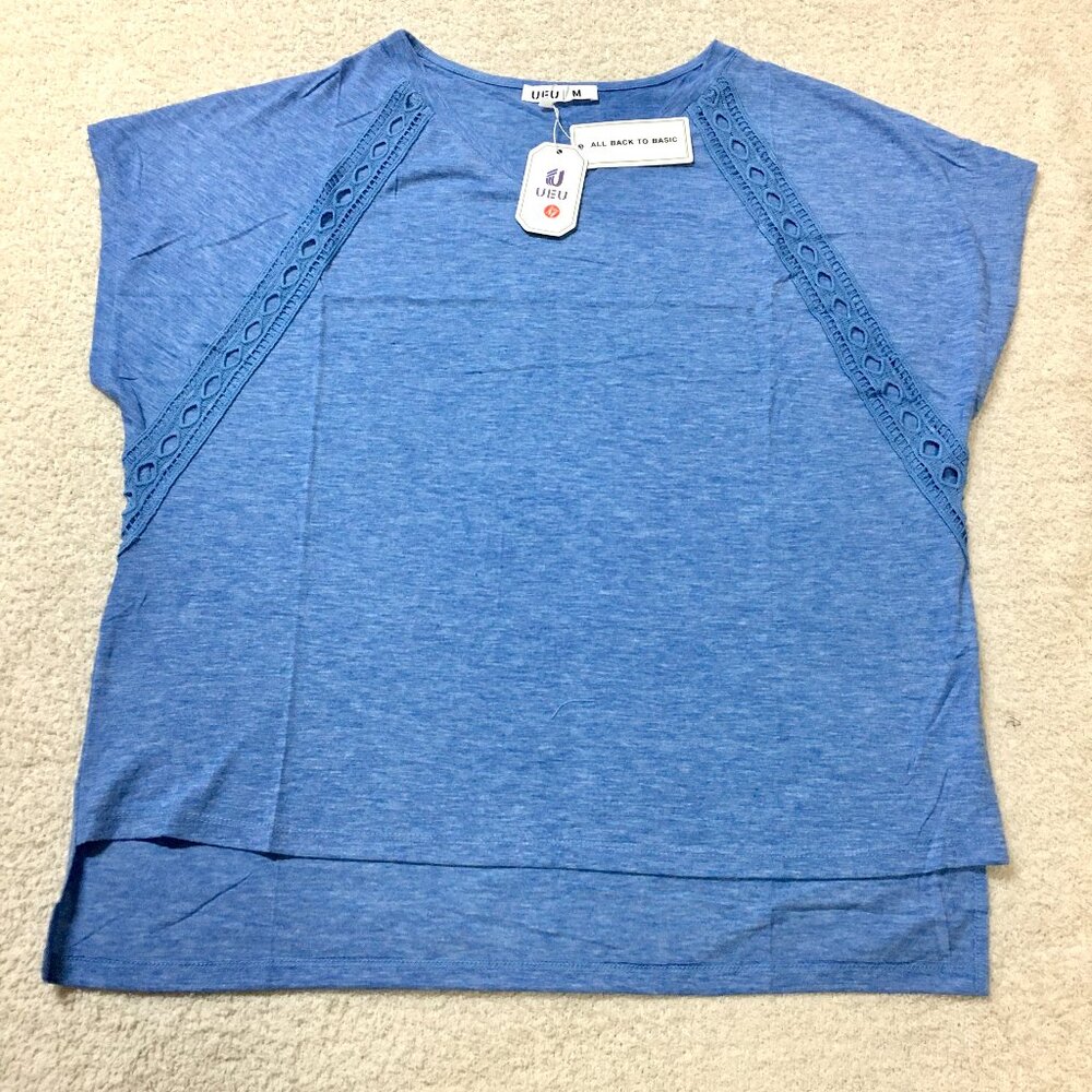 UEU Women's Oversized T-shirt Casual loose fit , V neck Short Sleeve , Blue, M